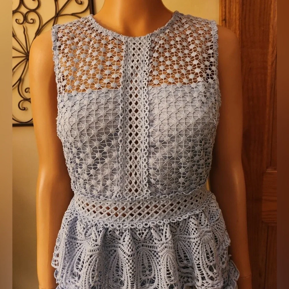 The Clothing Company Baby Blue Tiered Crochet Knit Lace Mini Dress - Picture 4 of 15